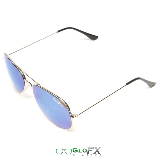 GloFX Metal Pilot Aviator Style Diffraction Glasses - Blue Mirror