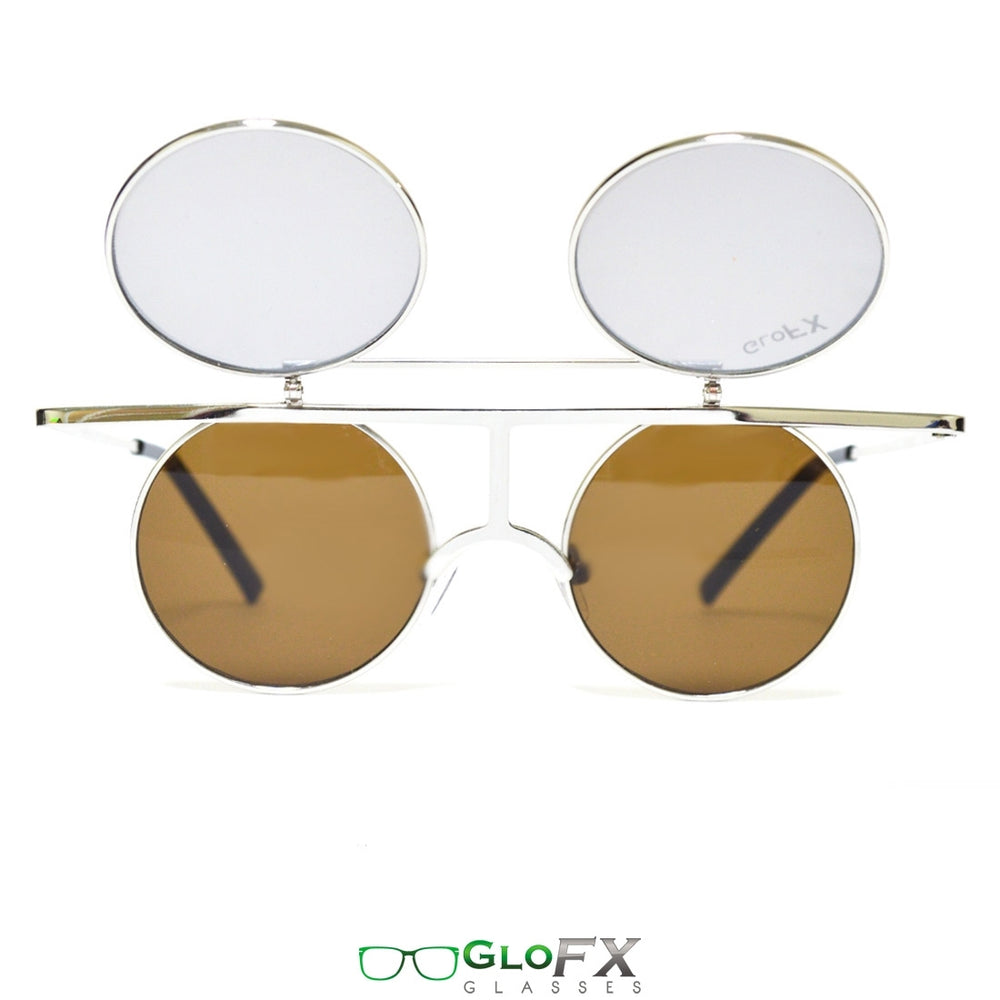 GloFX Vintage Flip Round Diffraction Glasses - Silver - Silver mirror