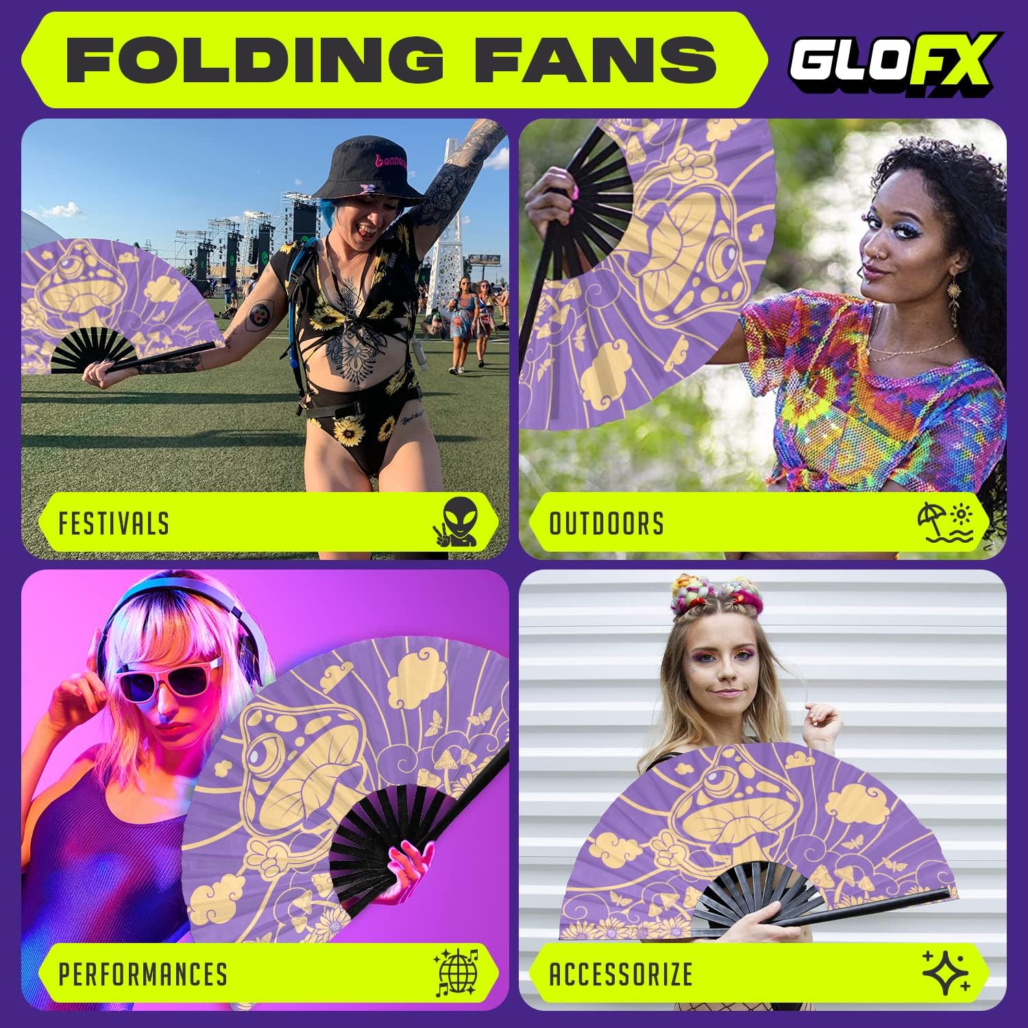 GloFX Festival Folding Fan - Mushroom