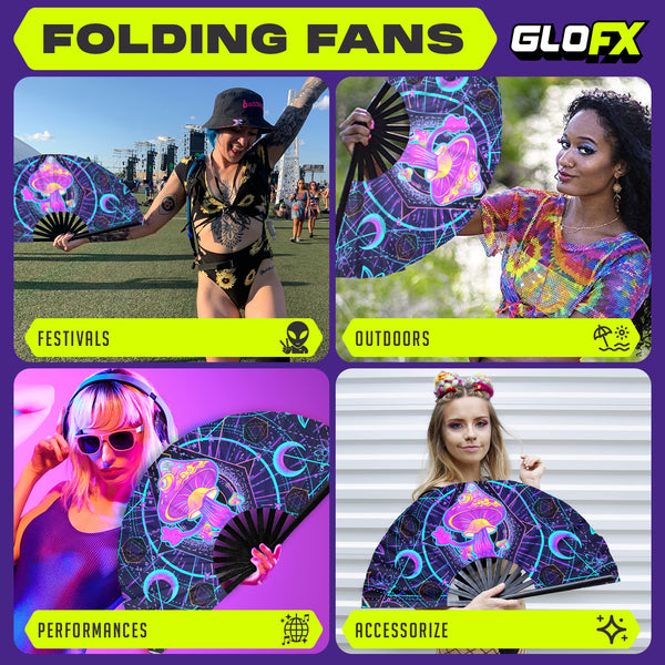 GloFX Festival Folding Fan - UV Mushroom