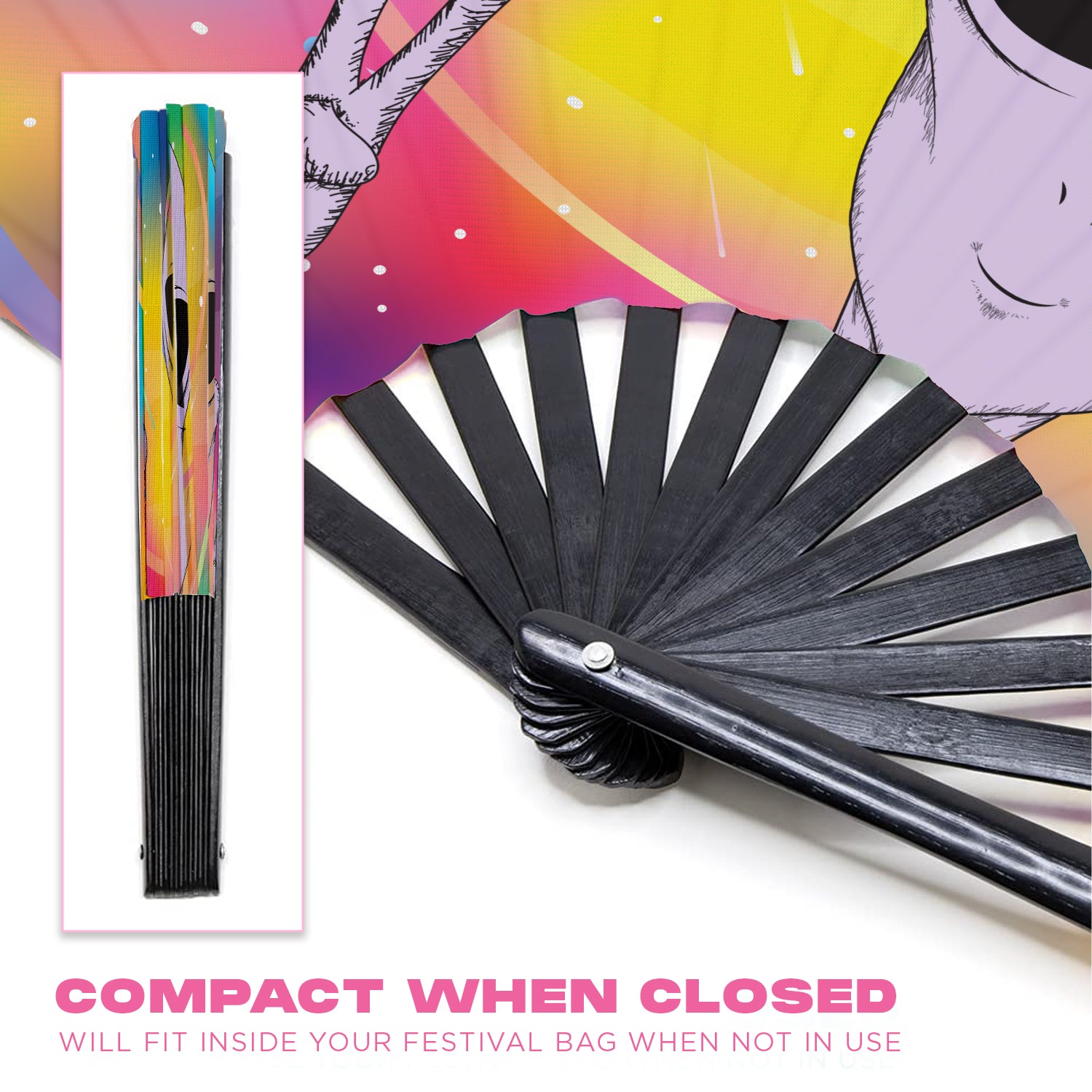 GloFX Festival Folding Fan - Rainbow Alien