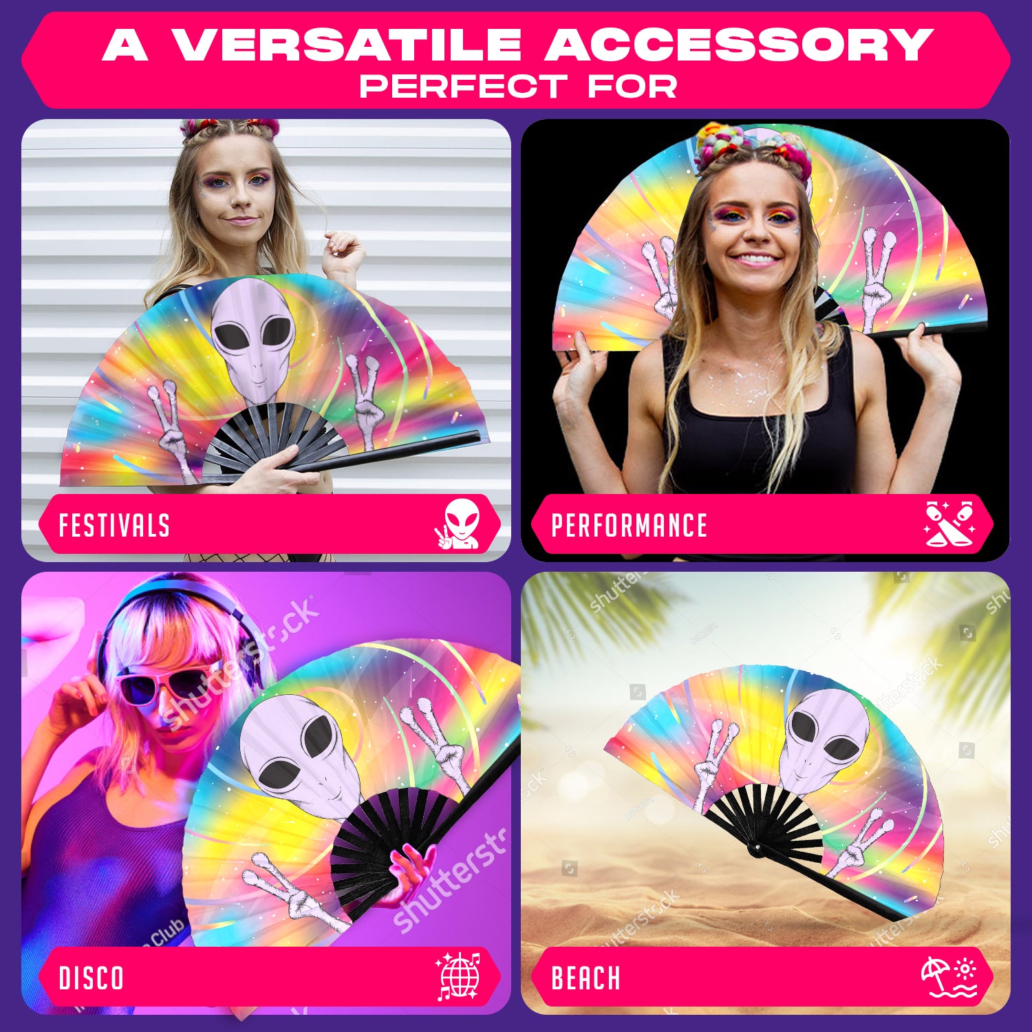 GloFX Festival Folding Fan - Rainbow Alien