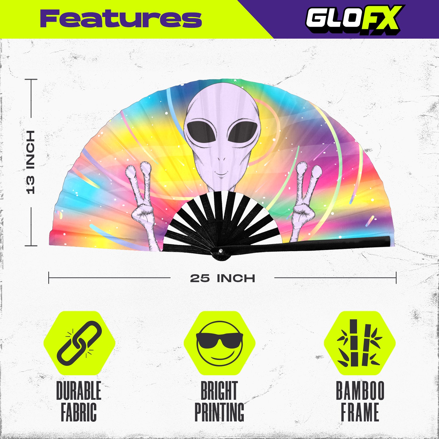 GloFX Festival Folding Fan - Rainbow Alien