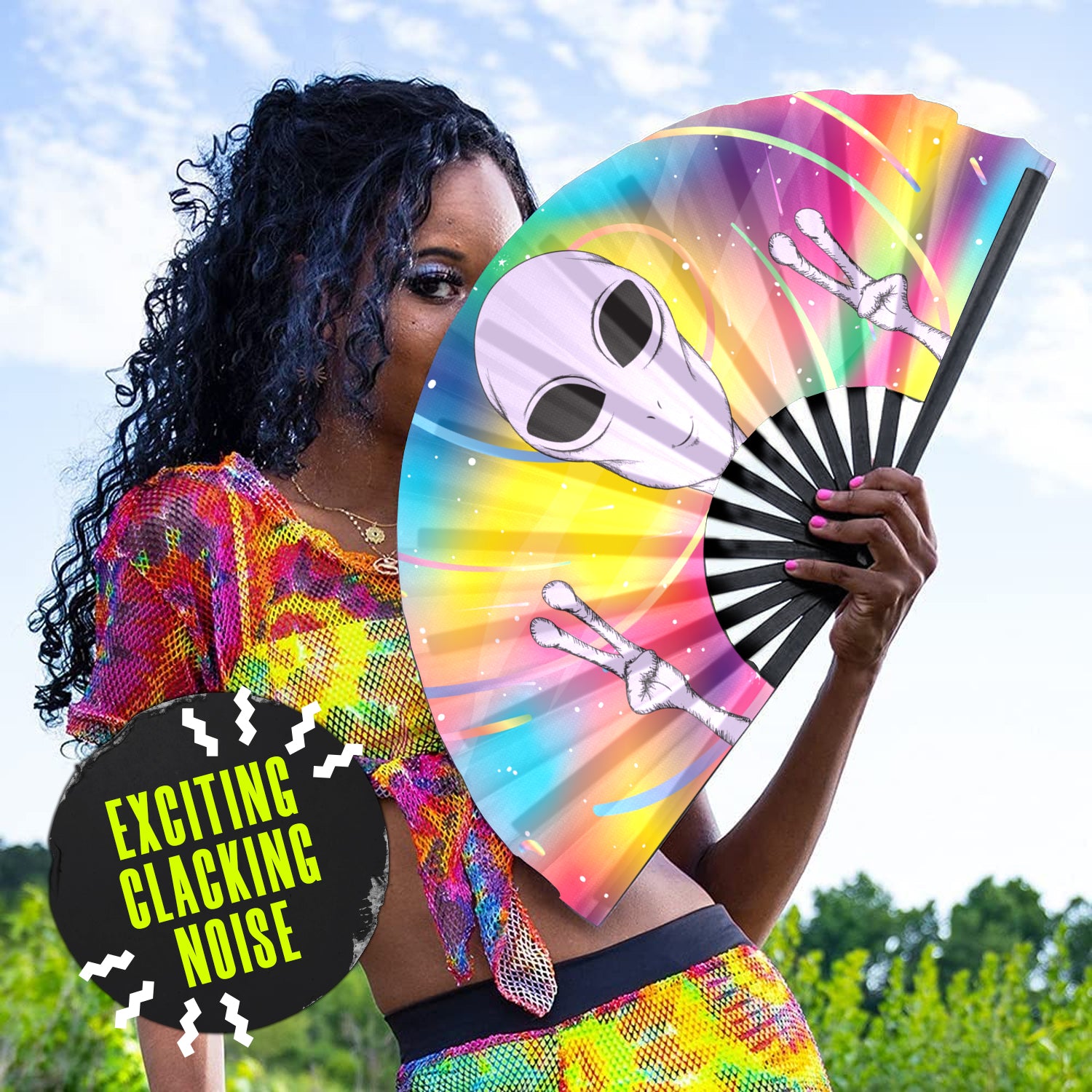 GloFX Festival Folding Fan - Rainbow Alien