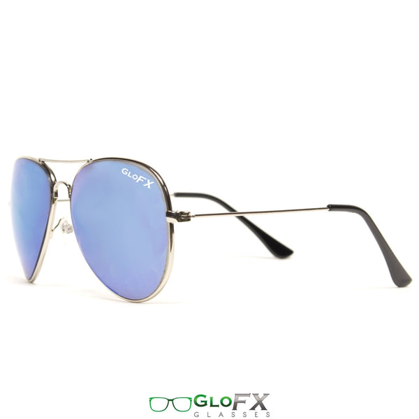 GloFX Metal Pilot Aviator Style Diffraction Glasses - Blue Mirror