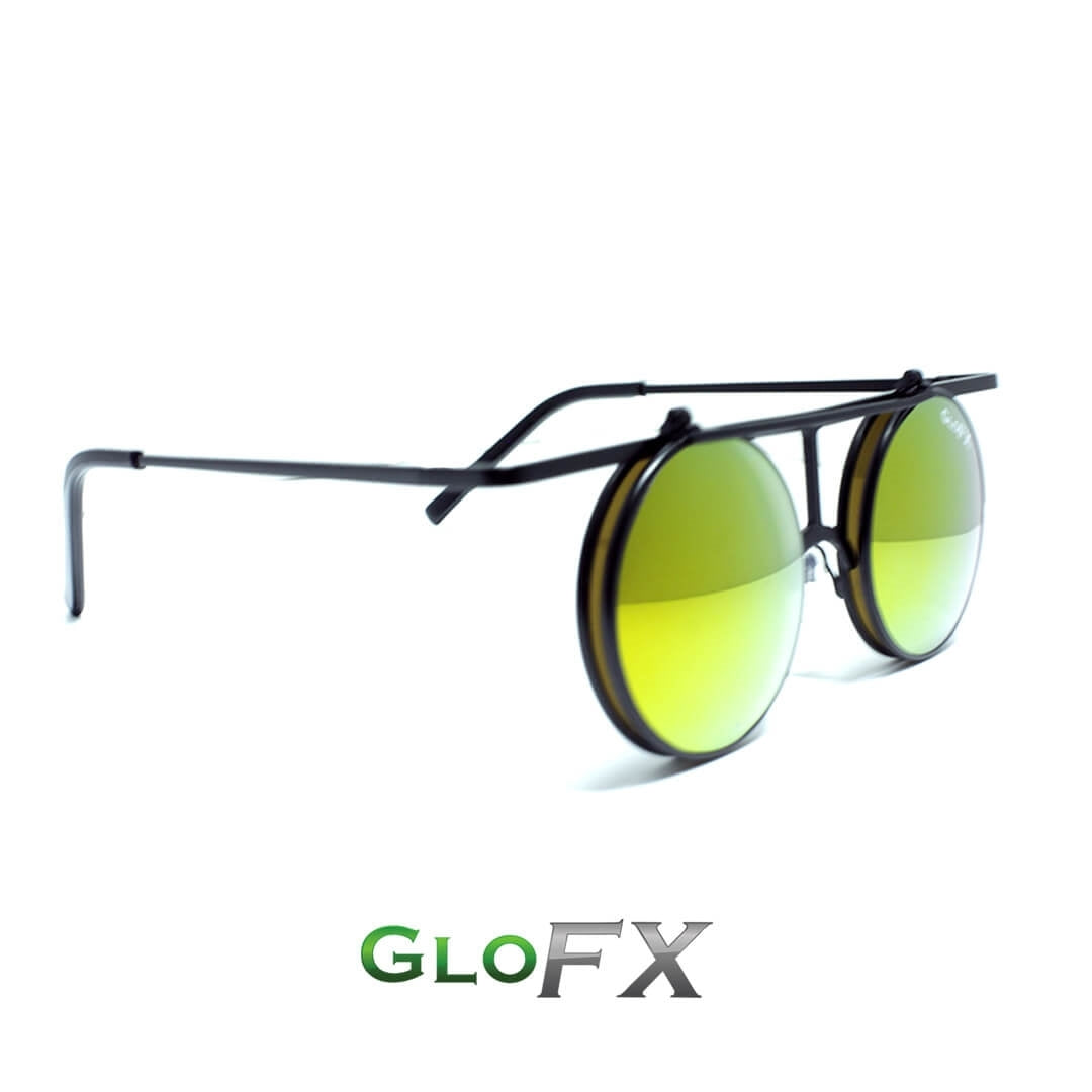 GloFX Vintage Flip Round Diffraction Glasses - Black - Gold mirror