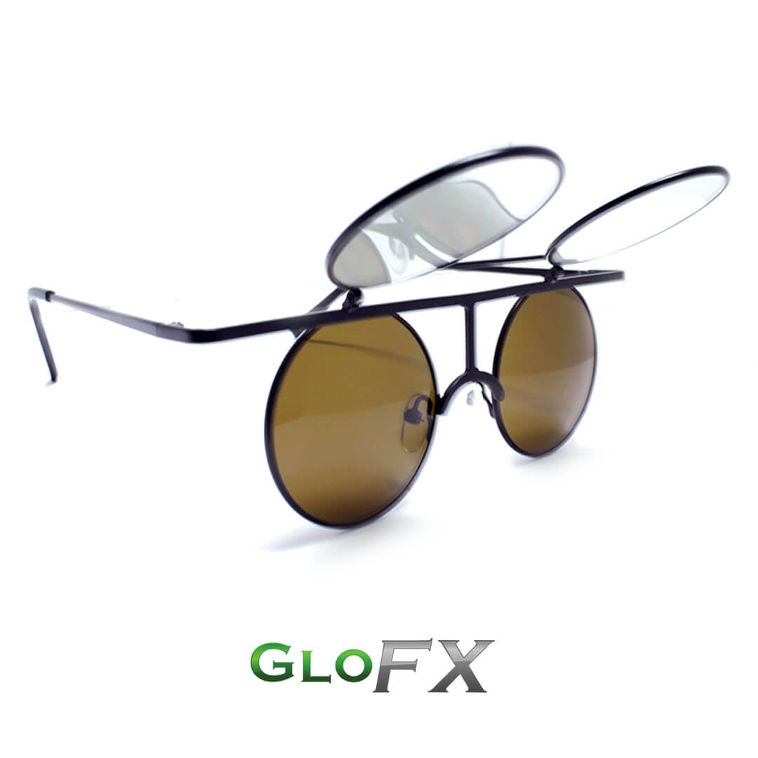 GloFX Vintage Flip Round Diffraction Glasses - Black - Gold mirror