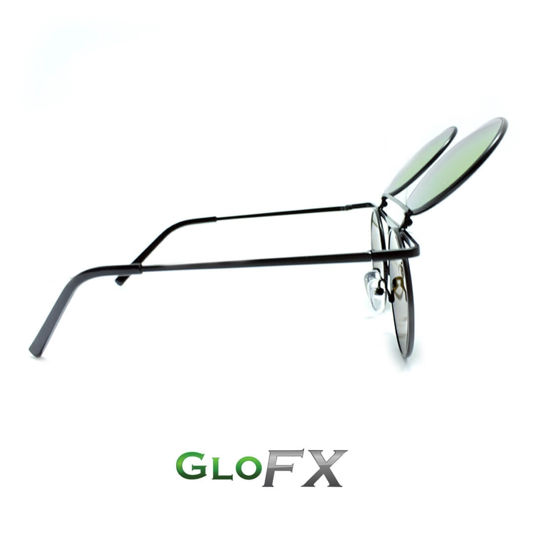 GloFX Vintage Flip Round Diffraction Glasses - Black - Gold mirror
