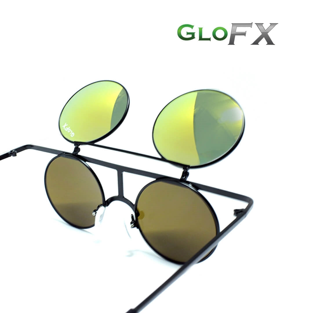 GloFX Vintage Flip Round Diffraction Glasses - Black - Gold mirror