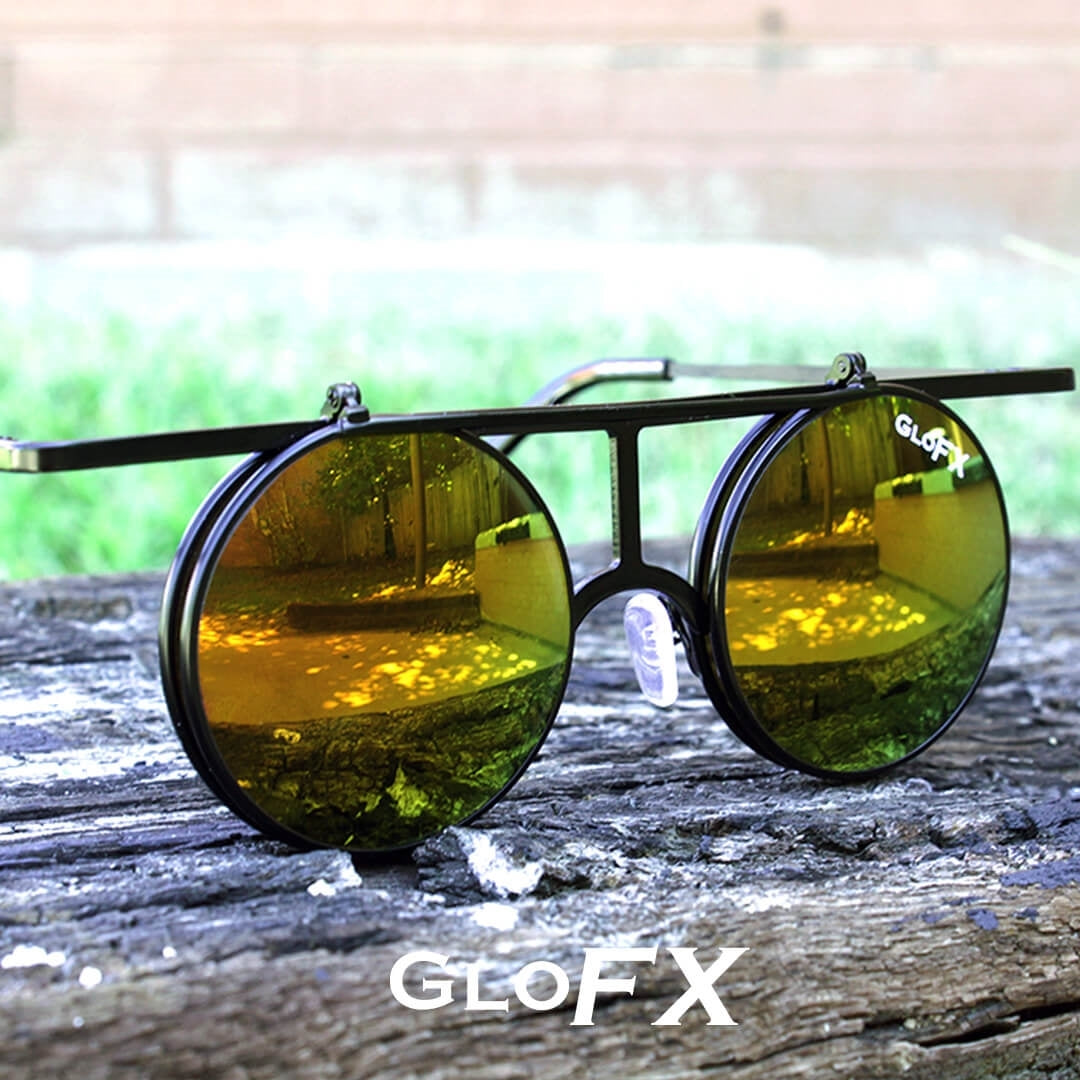 GloFX Vintage Flip Round Diffraction Glasses - Black - Gold mirror