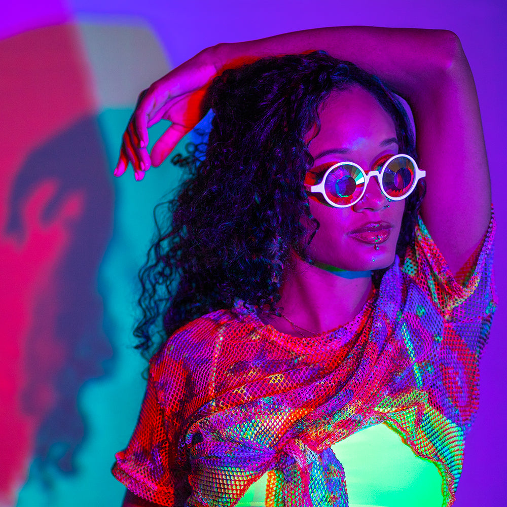 GloFX Kaleidoscope Glasses - White - Wormhole Flat Back